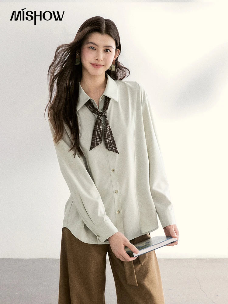 MISHOW Women's Casual Loose Shirt with Plaid Scarf 2026 Spring Lapel Tops Versatile Long Sleeve Shirts Office Lady MXF108C0815
