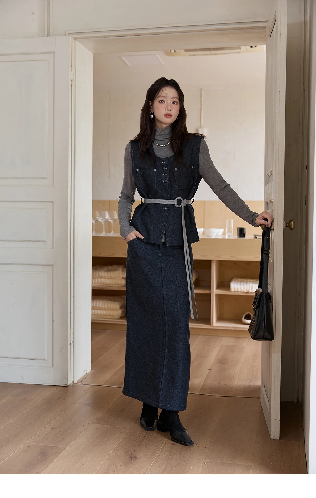 MISHOW Blue Three-piece Suit for Women 2025 Autumn Sleeveless Vest Straight Midi Skirt Slim Knit Tops Skirt Set MXE49T1421