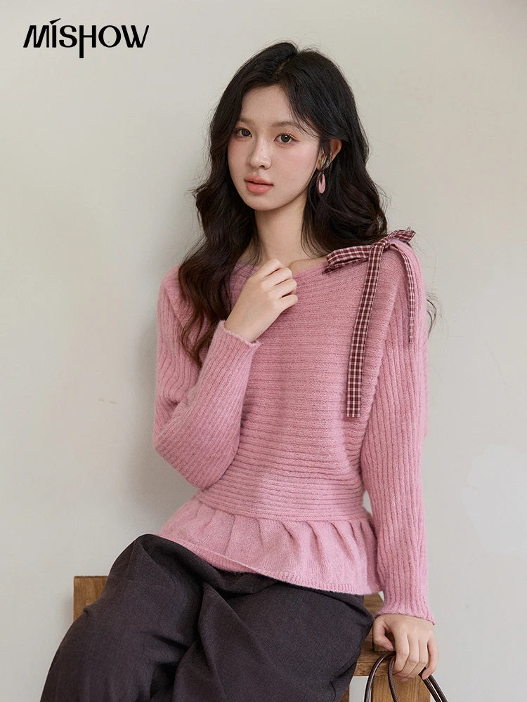 MISHOW Women's Pink Ribbed Knit Sweater 2026 Spring Plaid Bow Decor Peplum Hem Long Sleeve Casual Slim Pullover Tops MXF11Z3016