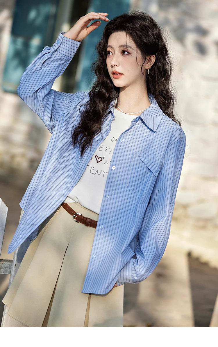 MISHOW Blue Striped Shirt for Women 2025 Spring Versatile Office Lady Tops Pocket Turn-down Collar Long-Sleeve Shirts MXE11C0399