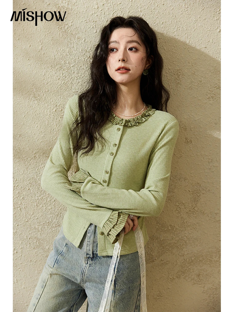 MISHOW Green Plaid Knitted Top 2025 Spring Lotus Leaf Sleeves Tees Slim Long Sleeve Curled Collar Single Breasted Top MXE14Z1152