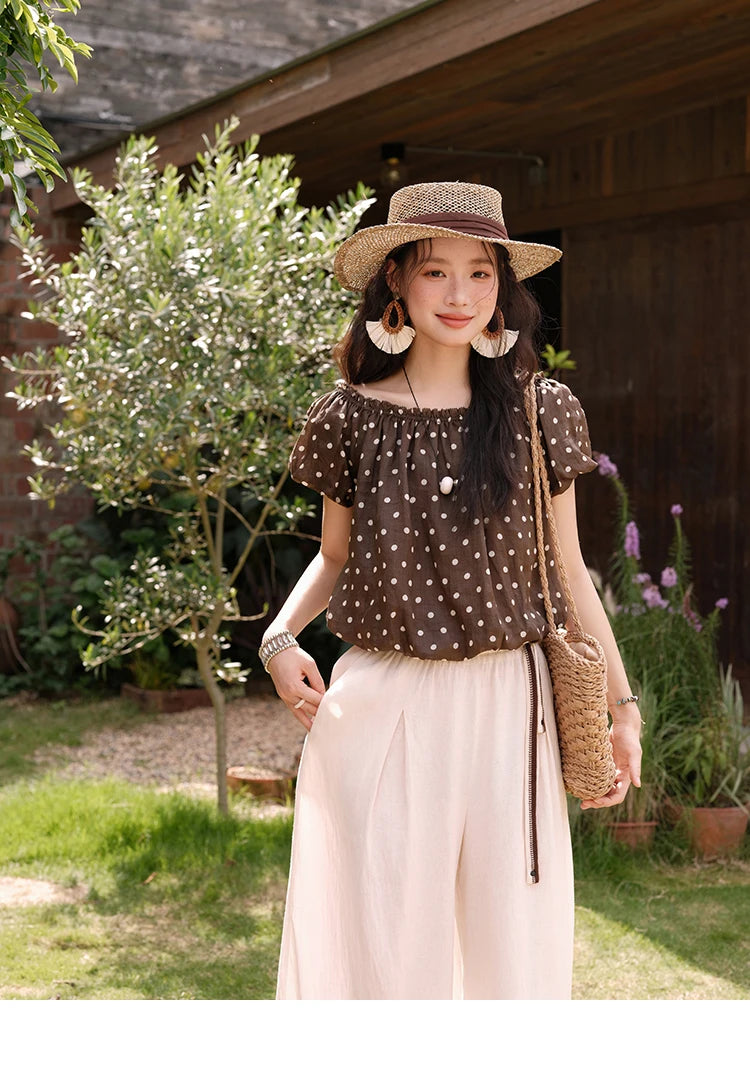 MISHOW Women's Two-Piece Set Fashion Polka Dot One Shoulder Puff Sleeve Blouse Summer 2025 Casual Wide Leg Pants Set MXE38T0683