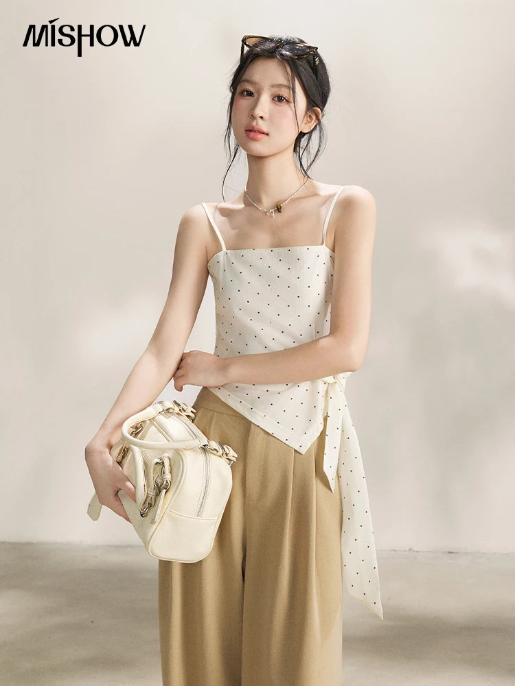 MISHOW Women's Khaki Three-Piece Set Spring Cropped Lapel Short Jacket Irregular Polka Dot Vest Wide Leg Pants Set MXF13T1478