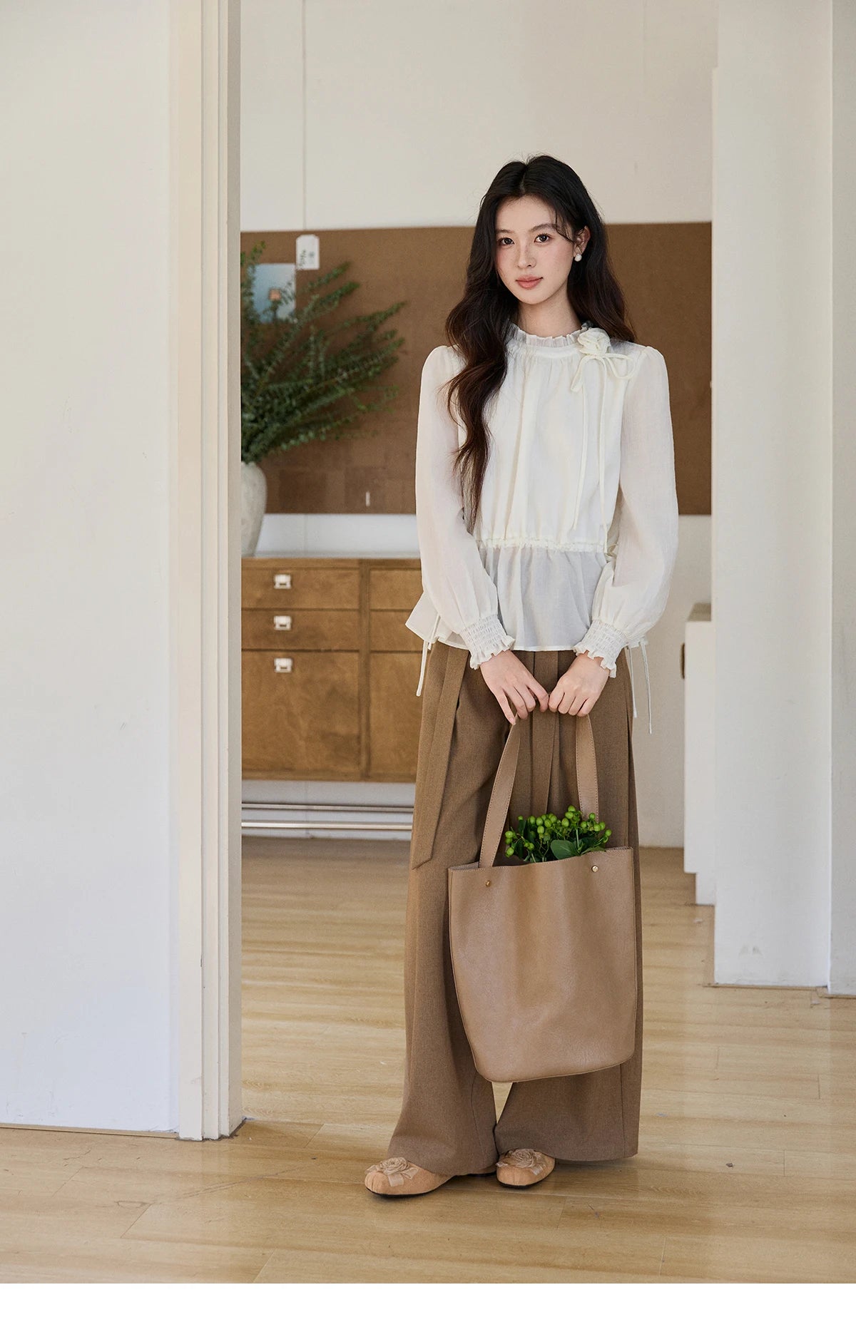 MISHOW Women's Ruffled Stand Collar Blouse 2026 Spring Flower Decor Apricot Blouses Drawstring Waist Puff Sleeve Top MXF11C2428