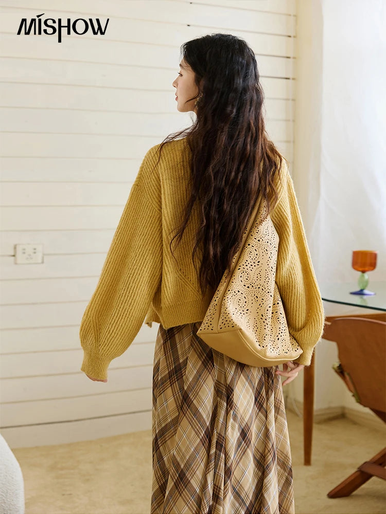 MISHOW Woman Two-piece 2025 Autumn Casual Yellow V-neck Knitted Cardigan Slim Fit Camisole Elegant Commute Top MXE45T0742