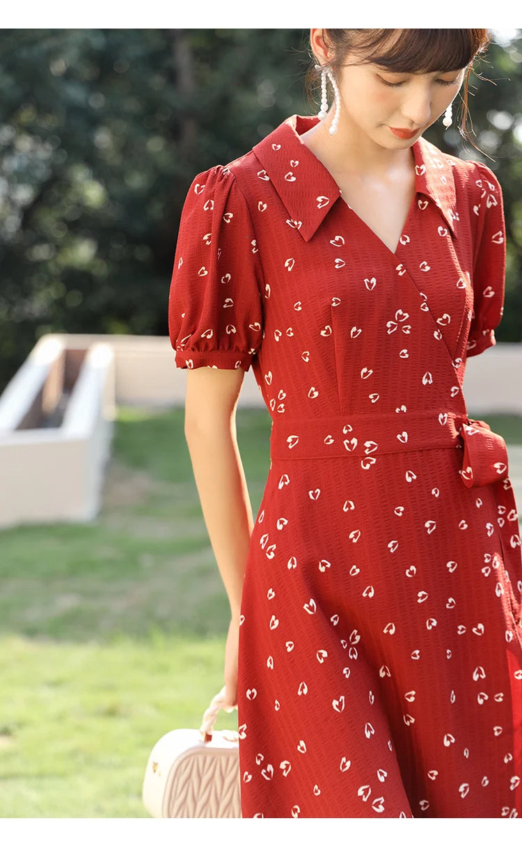 MISHOW Red Dresses For Women Summer French Hepburn One Piece V-neck Chiffon A-shape Floral Holiday Midi Dresses MXA29L0356