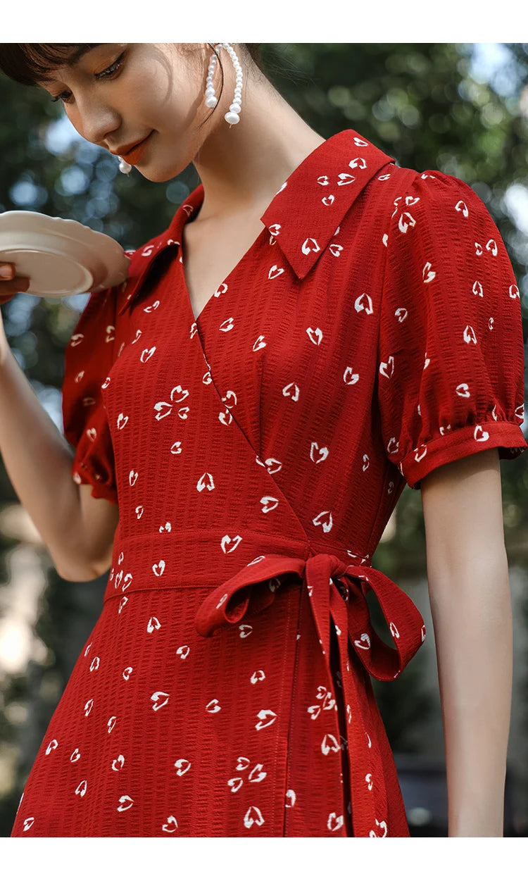 MISHOW Red Dresses For Women Summer French Hepburn One Piece V-neck Chiffon A-shape Floral Holiday Midi Dresses MXA29L0356