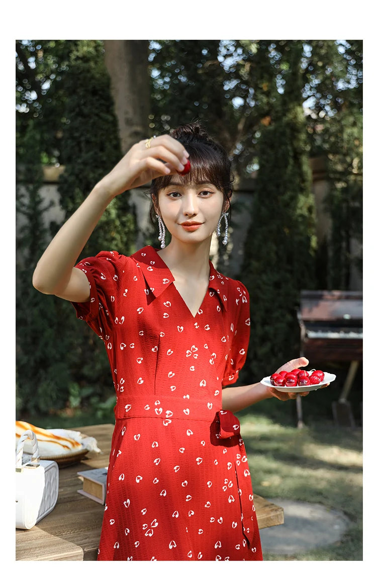 MISHOW Red Dresses For Women Summer French Hepburn One Piece V-neck Chiffon A-shape Floral Holiday Midi Dresses MXA29L0356