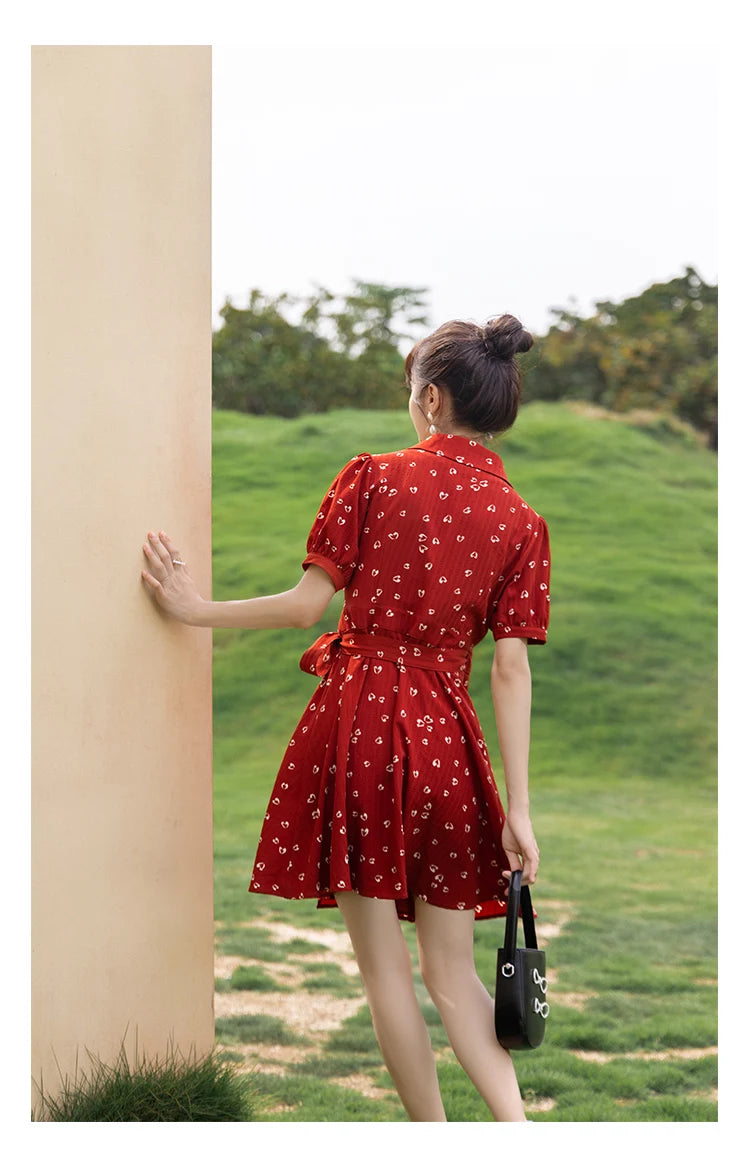 MISHOW Red Dresses For Women Summer French Hepburn One Piece V-neck Chiffon A-shape Floral Holiday Midi Dresses MXA29L0356
