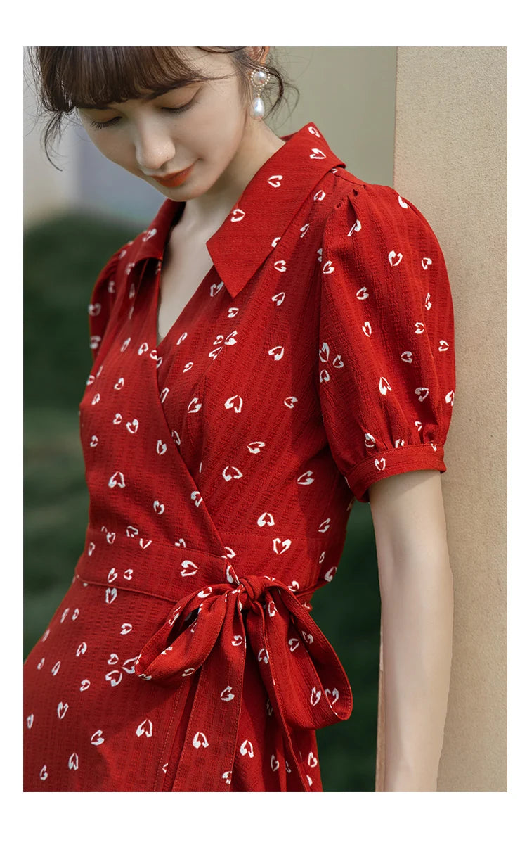 MISHOW Red Dresses For Women Summer French Hepburn One Piece V-neck Chiffon A-shape Floral Holiday Midi Dresses MXA29L0356