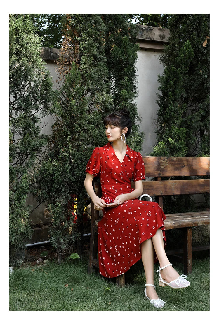 MISHOW Red Dresses For Women Summer French Hepburn One Piece V-neck Chiffon A-shape Floral Holiday Midi Dresses MXA29L0356