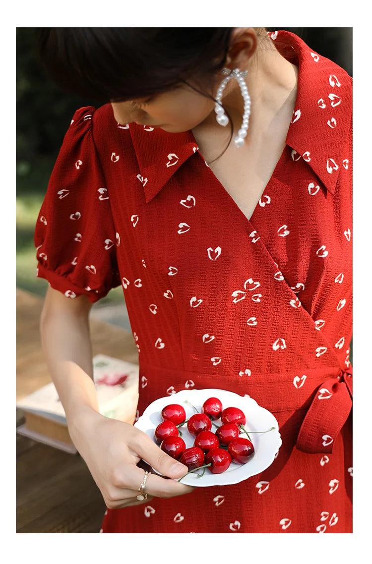 MISHOW Red Dresses For Women Summer French Hepburn One Piece V-neck Chiffon A-shape Floral Holiday Midi Dresses MXA29L0356
