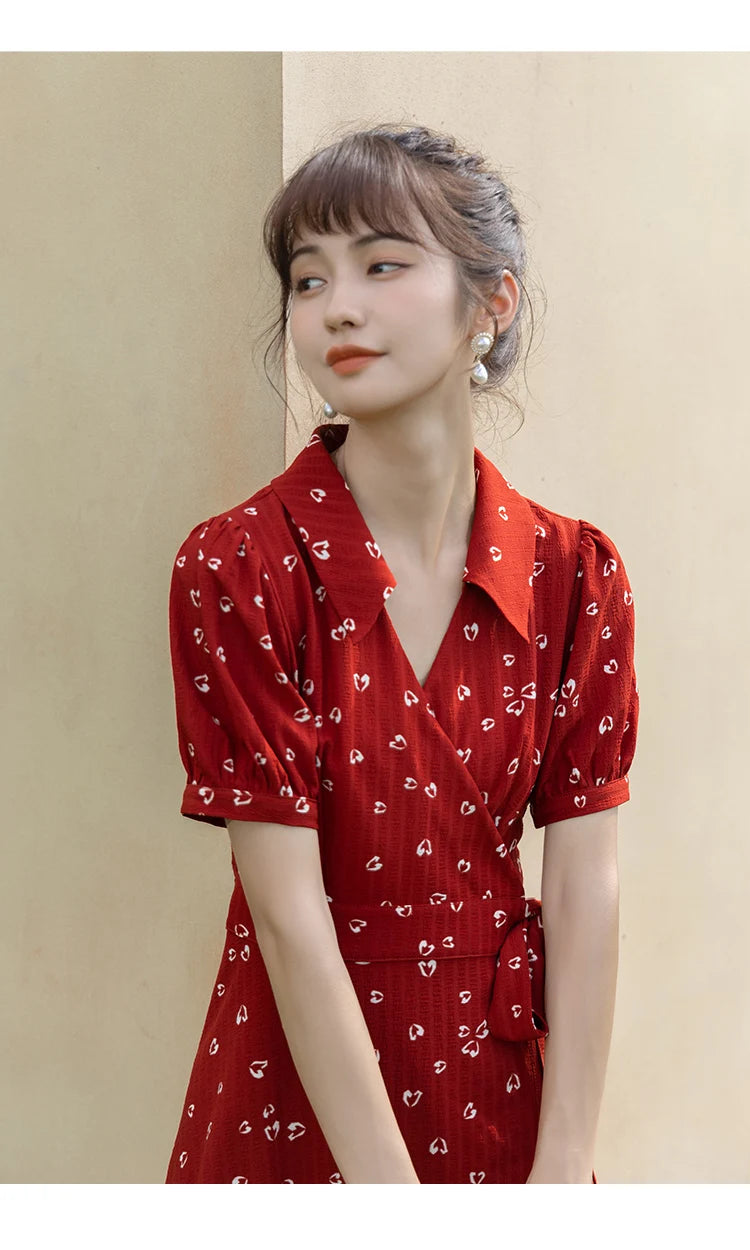 MISHOW Red Dresses For Women Summer French Hepburn One Piece V-neck Chiffon A-shape Floral Holiday Midi Dresses MXA29L0356