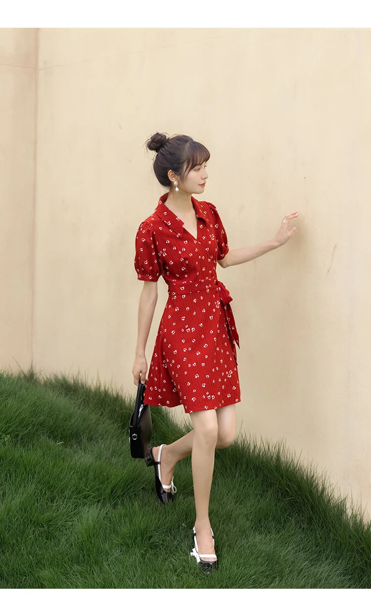 MISHOW Red Dresses For Women Summer French Hepburn One Piece V-neck Chiffon A-shape Floral Holiday Midi Dresses MXA29L0356