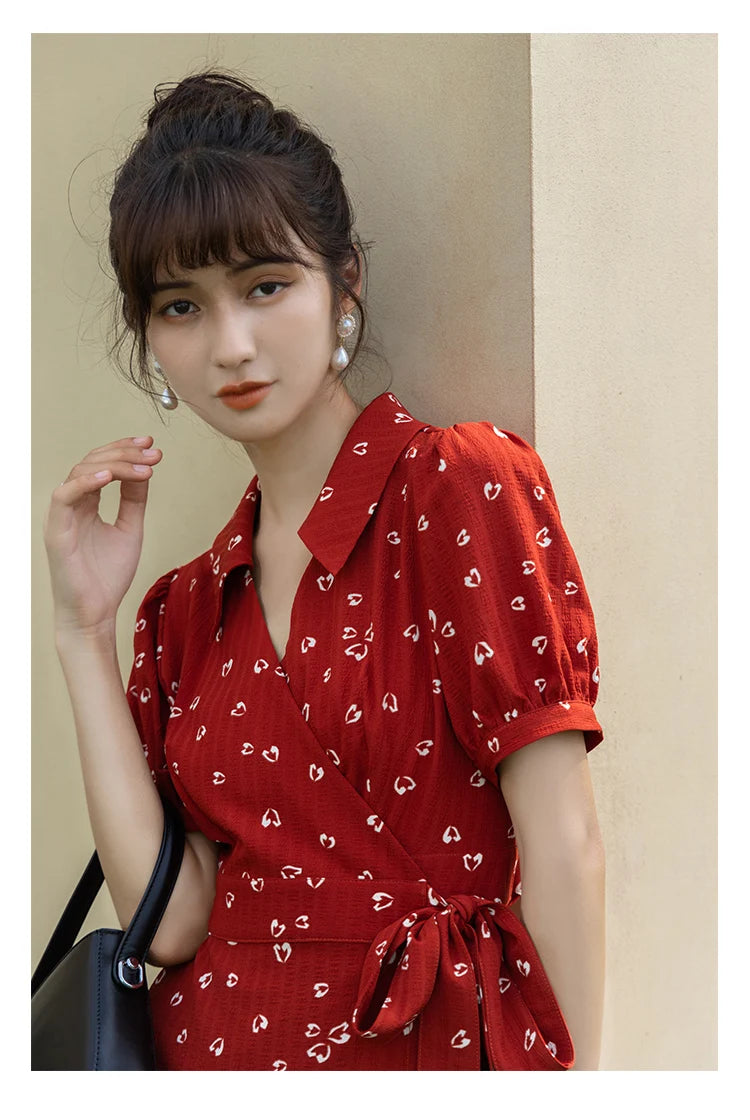 MISHOW Red Dresses For Women Summer French Hepburn One Piece V-neck Chiffon A-shape Floral Holiday Midi Dresses MXA29L0356