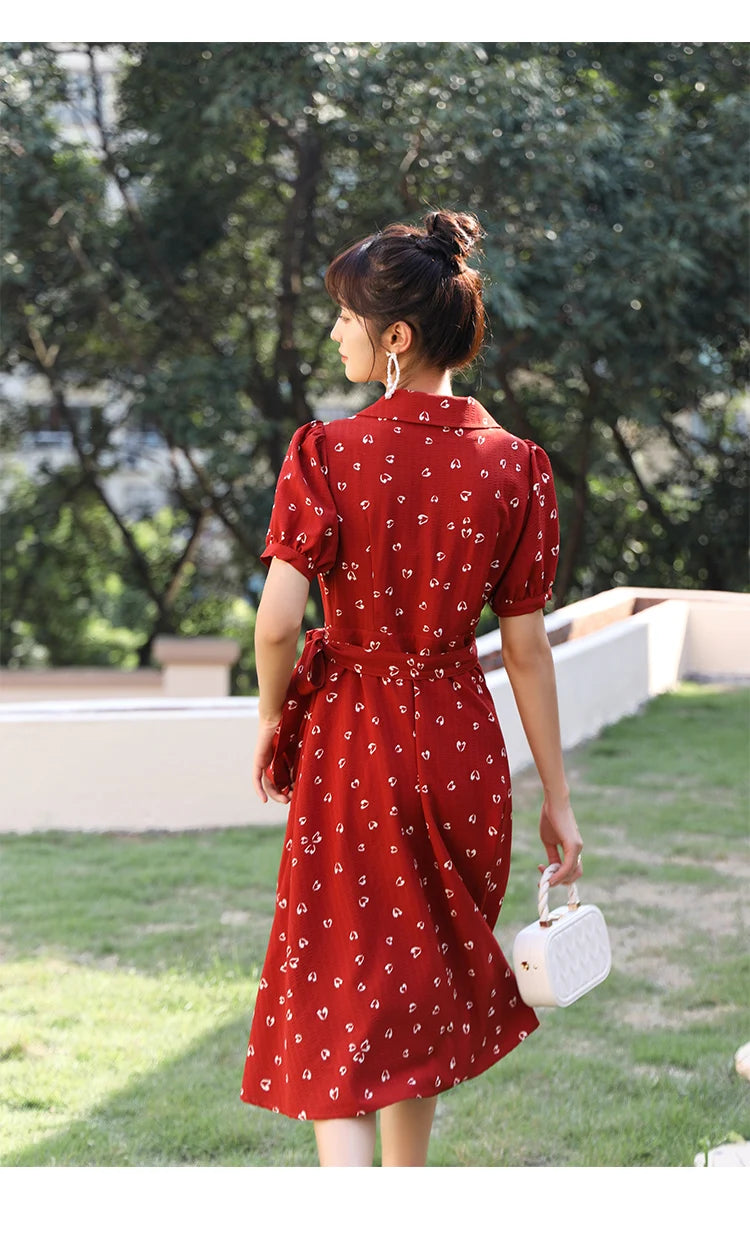MISHOW Red Dresses For Women Summer French Hepburn One Piece V-neck Chiffon A-shape Floral Holiday Midi Dresses MXA29L0356