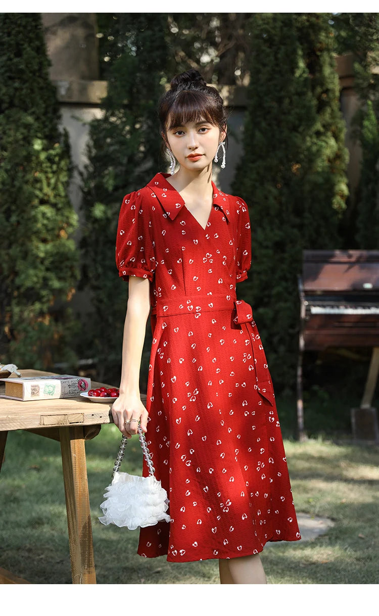 MISHOW Red Dresses For Women Summer French Hepburn One Piece V-neck Chiffon A-shape Floral Holiday Midi Dresses MXA29L0356