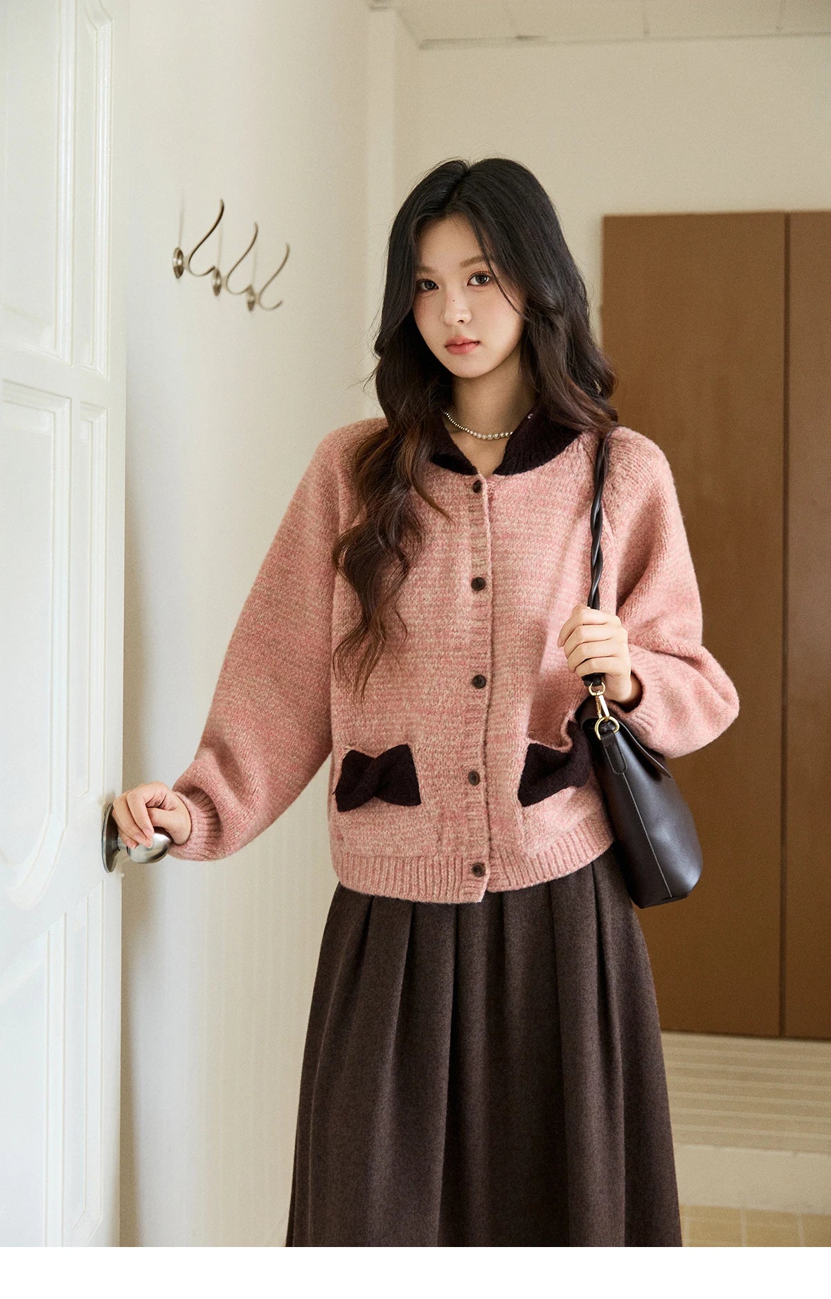 MISHOW Women's Pink Knitted Cardigan Autumn Winter Contrast Collar Bow Pocket  Top Single-breasted Loose Warm Sweater MXE94Z2957