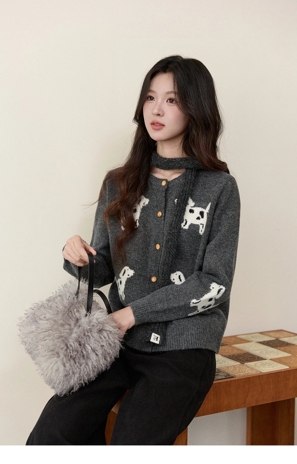 MISHOW Women's Puppy Jacquard Knit Cardigan 2025 Winter Single-breasted Crew Neck Top Warm Loose Sweaters Office Lady MXE93Z2950