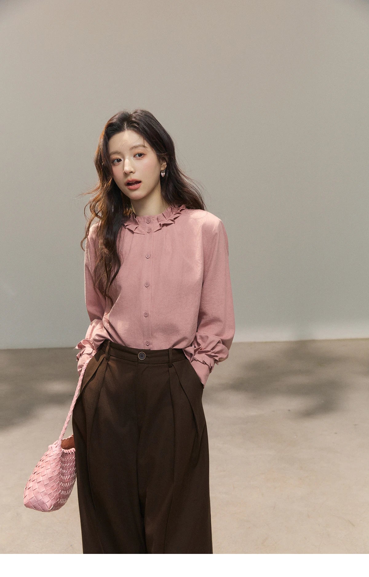 MISHOW Women's Peach Skin Solid Shirt 2026 Spring Ruffled Crew Neck Single-breasted Tops Casual Long Sleeve Shirts MXF11C2431