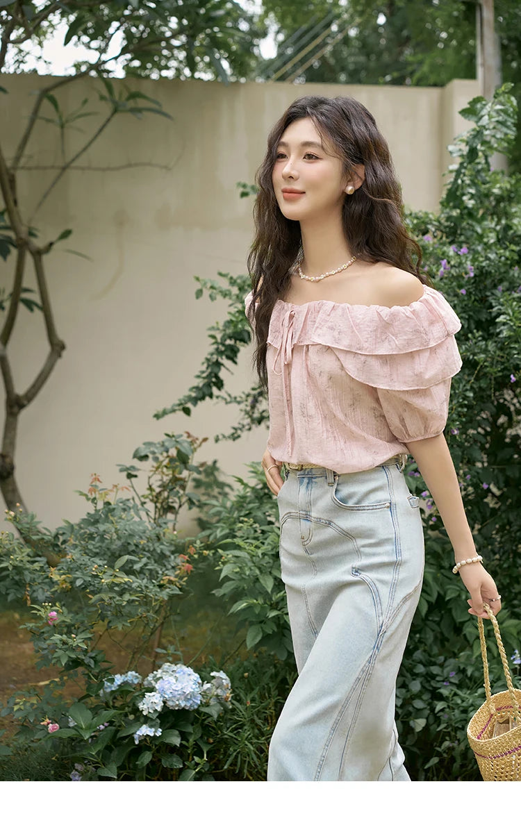 MISHOW French Retro Floral Short Sleeve Blouses Summer 2025 Loose One Line Shoulder Ruffled Edge Lace Up Sweet Top MXD25X1520