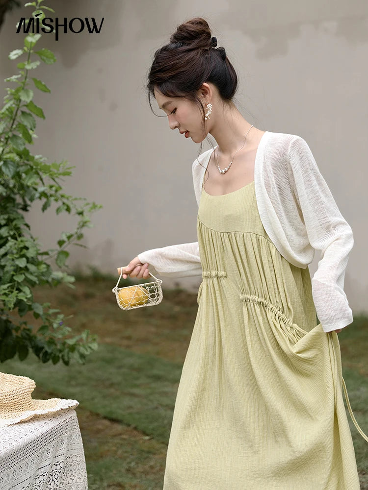 MISHOW Irregular Pleated Suspender Long Dress for Women 2025 Summer Olive Green Dress Loose Drawstring Waist Dresses MXD31L1928