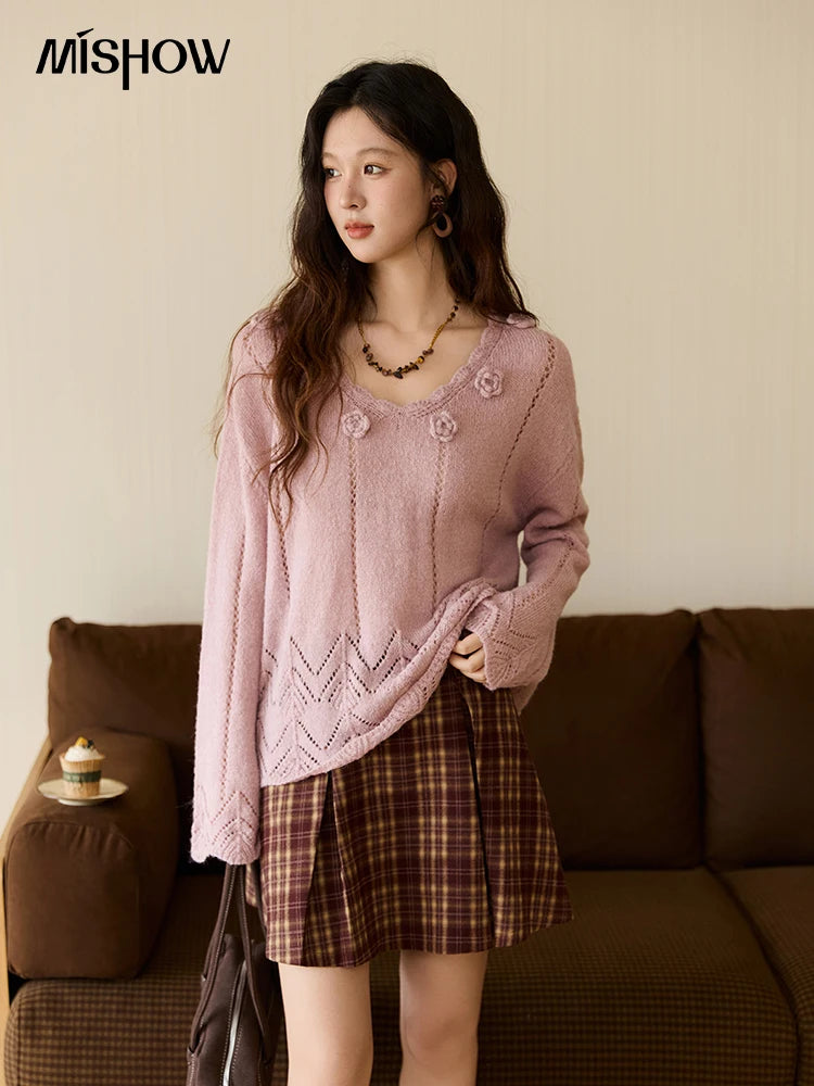 MISHOW Elegant Women's Sweaters 2025 Autumn Purple Hollow Out Wave V-neck Crochet Design Knitted Top Casual Pullovers MXE45Z1391