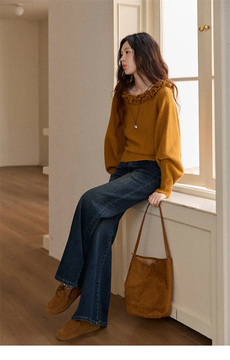 MISHOW Pullovers Women 2025 French Style Orange Lotus Edge Crew Neck Lantern Sleeves Top Slim Luxury Women's Sweaters MXE86Z2726