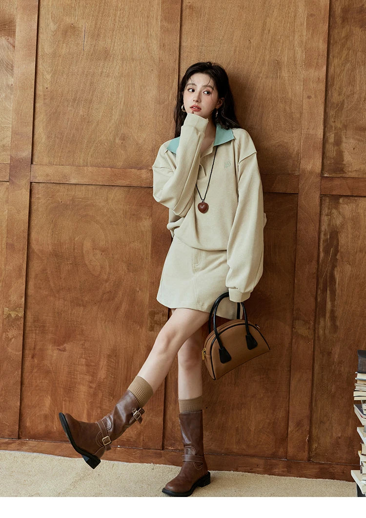 Mishow Polo Neck Sweatshirt & Contrast Letter Skirt Set MXD44V0097