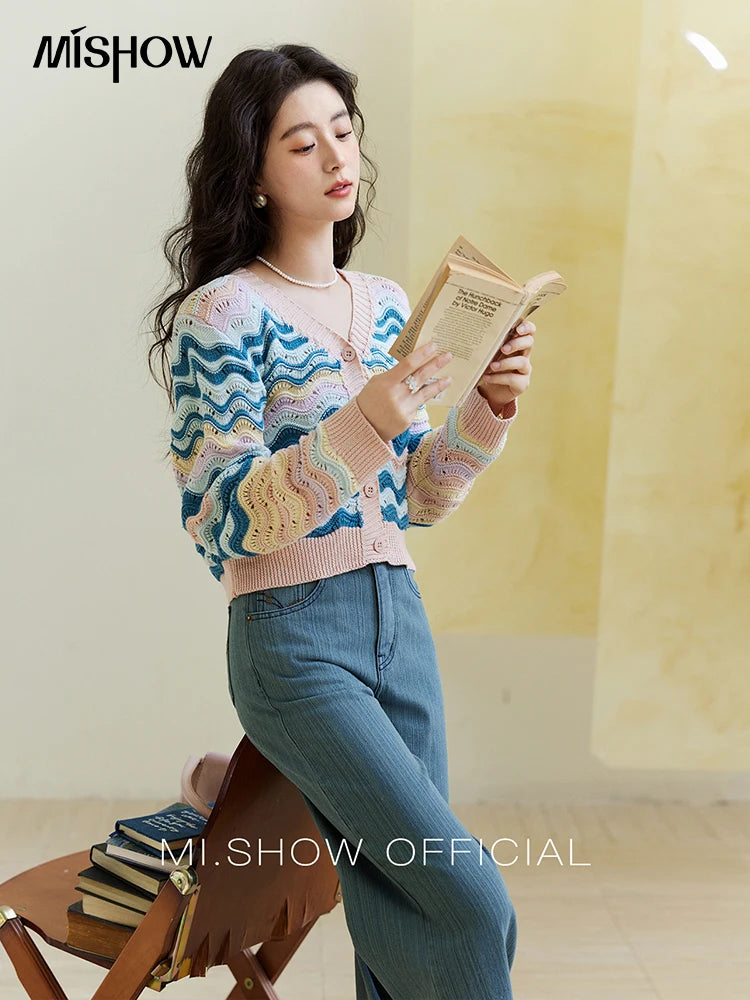 MISHOW Color Stripe Knitted Cardigan Women 2025 Spring V-neck Long Sleeve Loose Cardigans Woman Fashion Office Lady MXE16Z1203