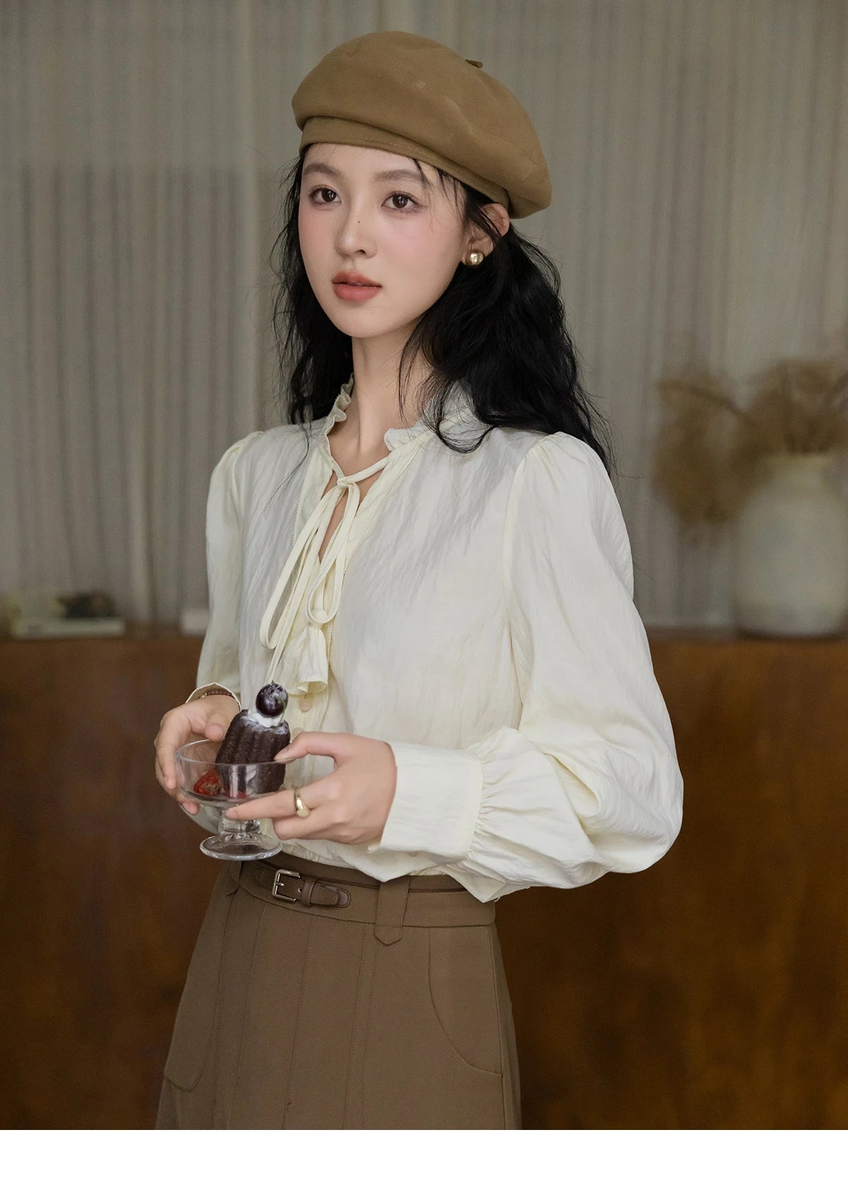 MISHOW Flower Bud Tie Lyocell Shirt for Women Autumn 2024 Temperament Solid Long Sleeve Pullover Tops Office Lady MXD42X1640