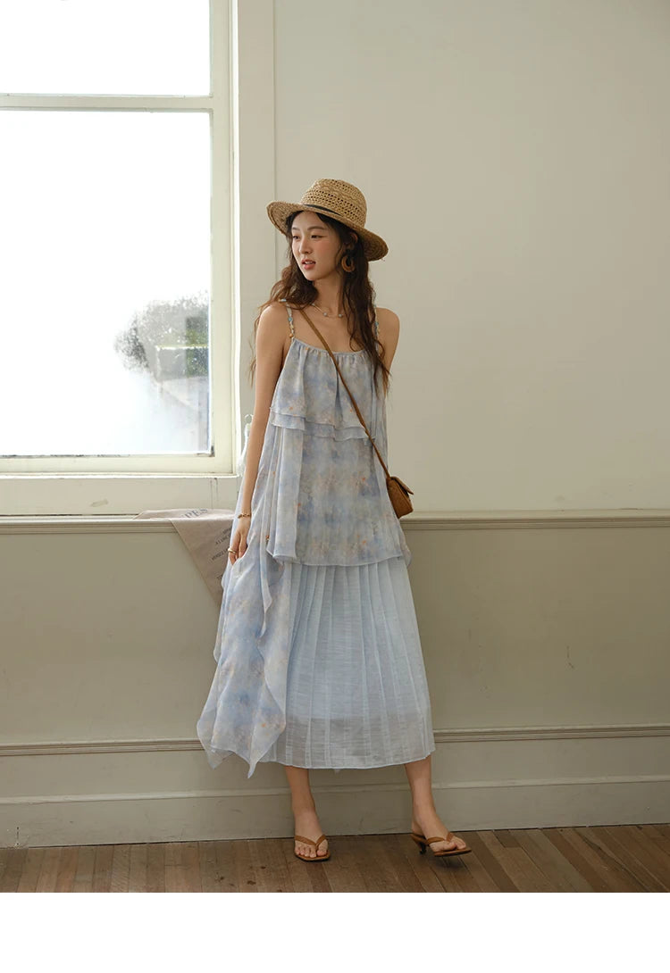 MISHOW Fashion Print Strap Dress for Women 2025 Summer New Multi Layer Ruffle Edge Splicing Sleeveless Midi Dresses MXE35L2233