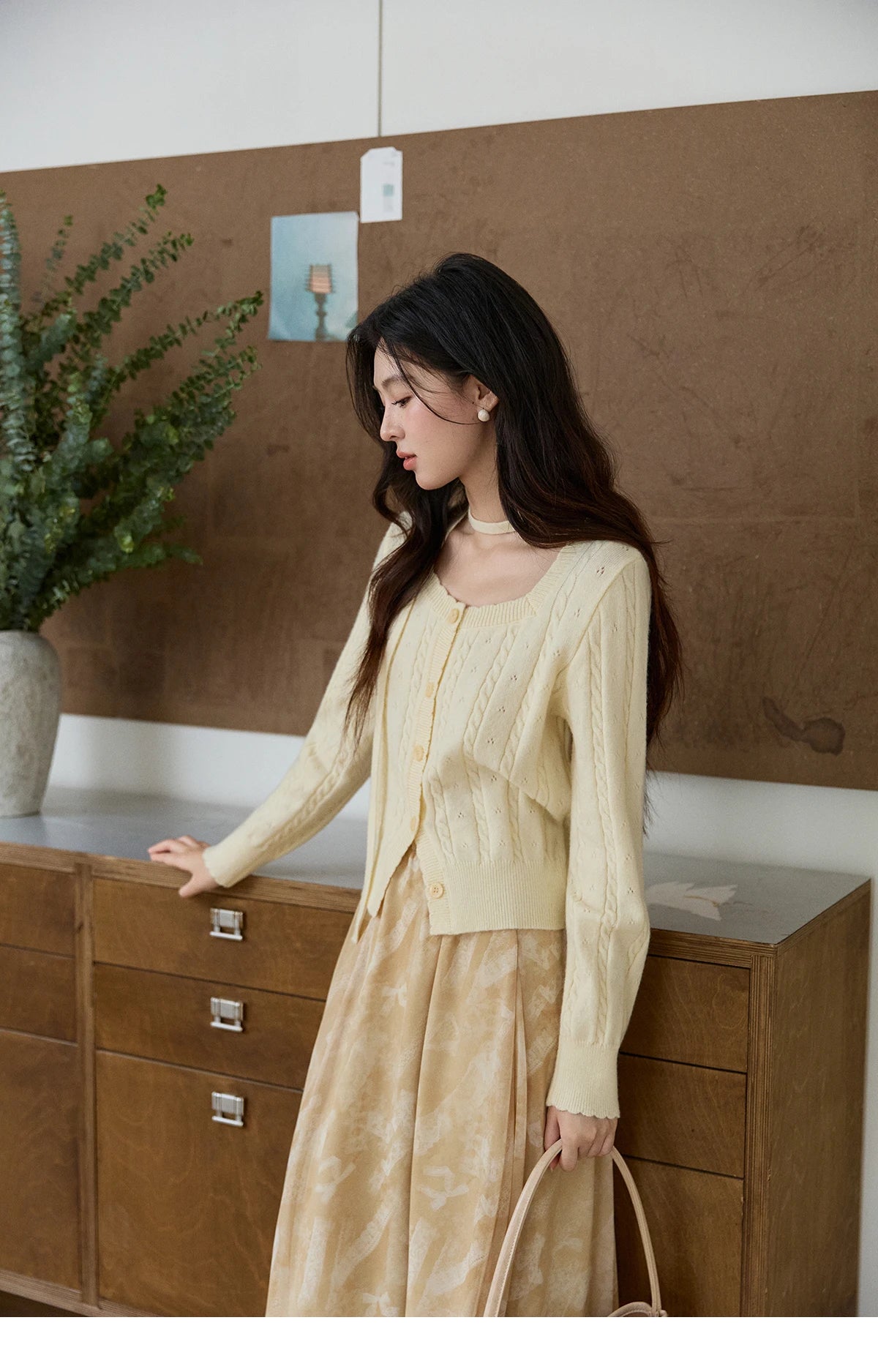 MISHOW Women's Beige Cable Knit Cardigan 2026 Spring Square Neck Long Sleeve Slim Casual Knitwear with Flower Ribbon MXF11Z2903