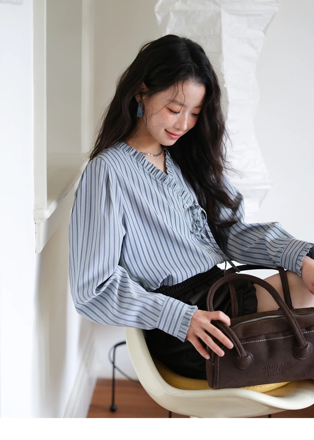 MISHOW Blue Striped Peach Skin Velvet V-neck Shirts for Women Autumn 2025 Asymmetrical Lace-up Commuting Casual Shirt MXE42X2472