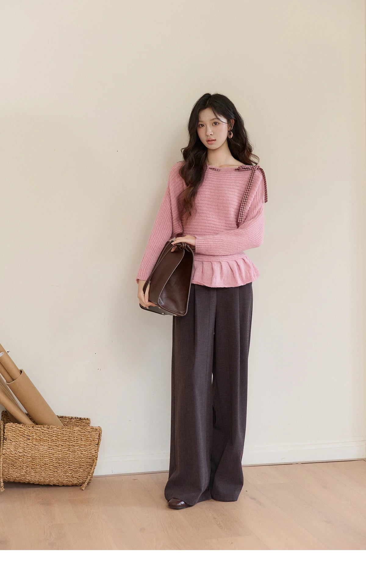 MISHOW Women's Pink Ribbed Knit Sweater 2026 Spring Plaid Bow Decor Peplum Hem Long Sleeve Casual Slim Pullover Tops MXF11Z3016