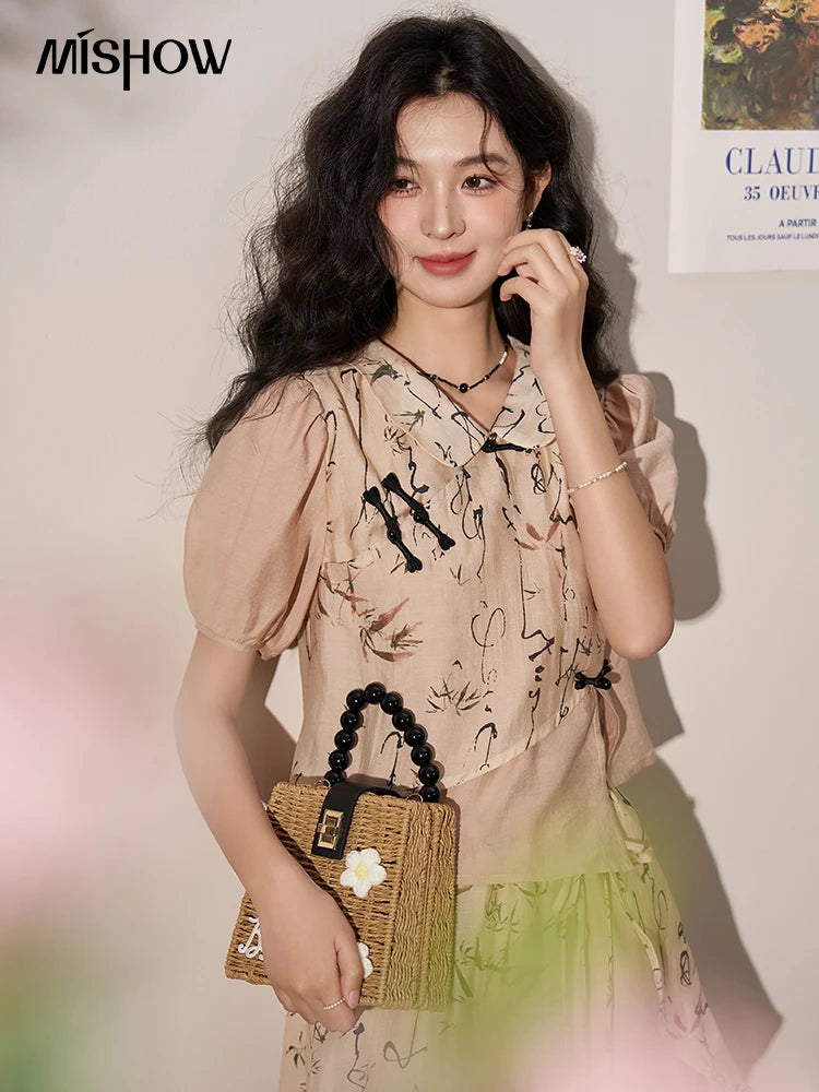 MISHOW Chinese Polo Neck Top Asymmetric Fork Skirt Separately Summer Floral Puff Sleeve Shirt High Waist A-line Skirt MXD22X1396