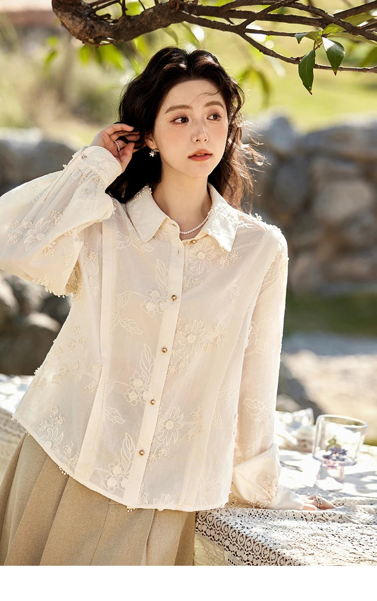 MISHOW 100Cotton Embroidered Jacquard Shirt for Women Spring 2025 Long Sleeved Loose Top Lapel Single Breasted Shirts MXE12C0391