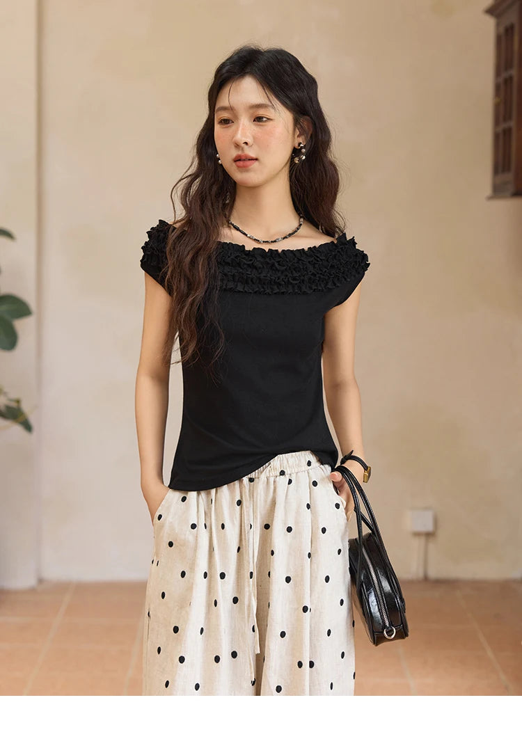 MISHOW French Stringy Selvedge One Neck T-shirt for Women Summer 2025 Raglan Sleeves Wool Short Top Sexy Solid Tees MXE34T0605