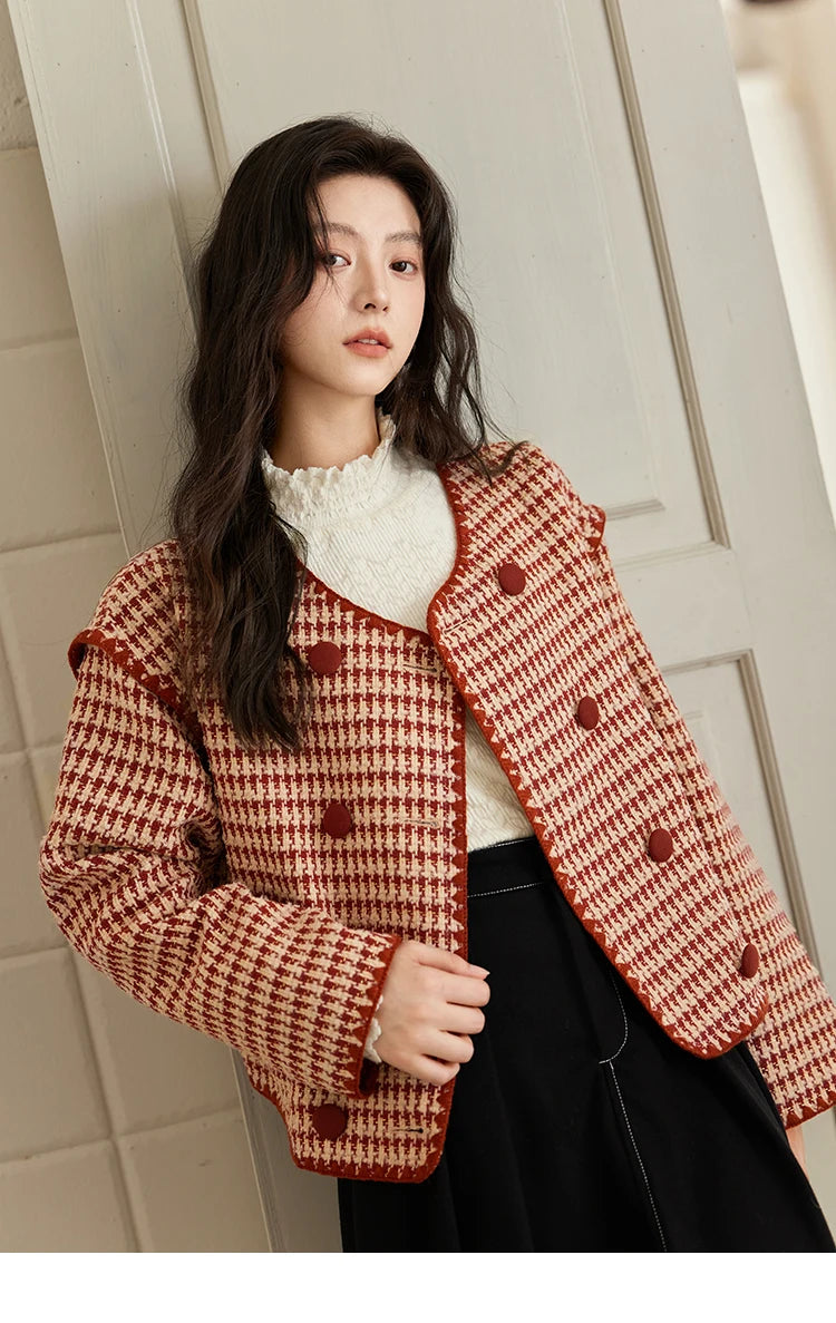MISHOW Plaid Tweed Jacket Women Red Double Breasted Long Sleeve Tops 2024 Winter French Elegant Design Short Coat MXD56W0631