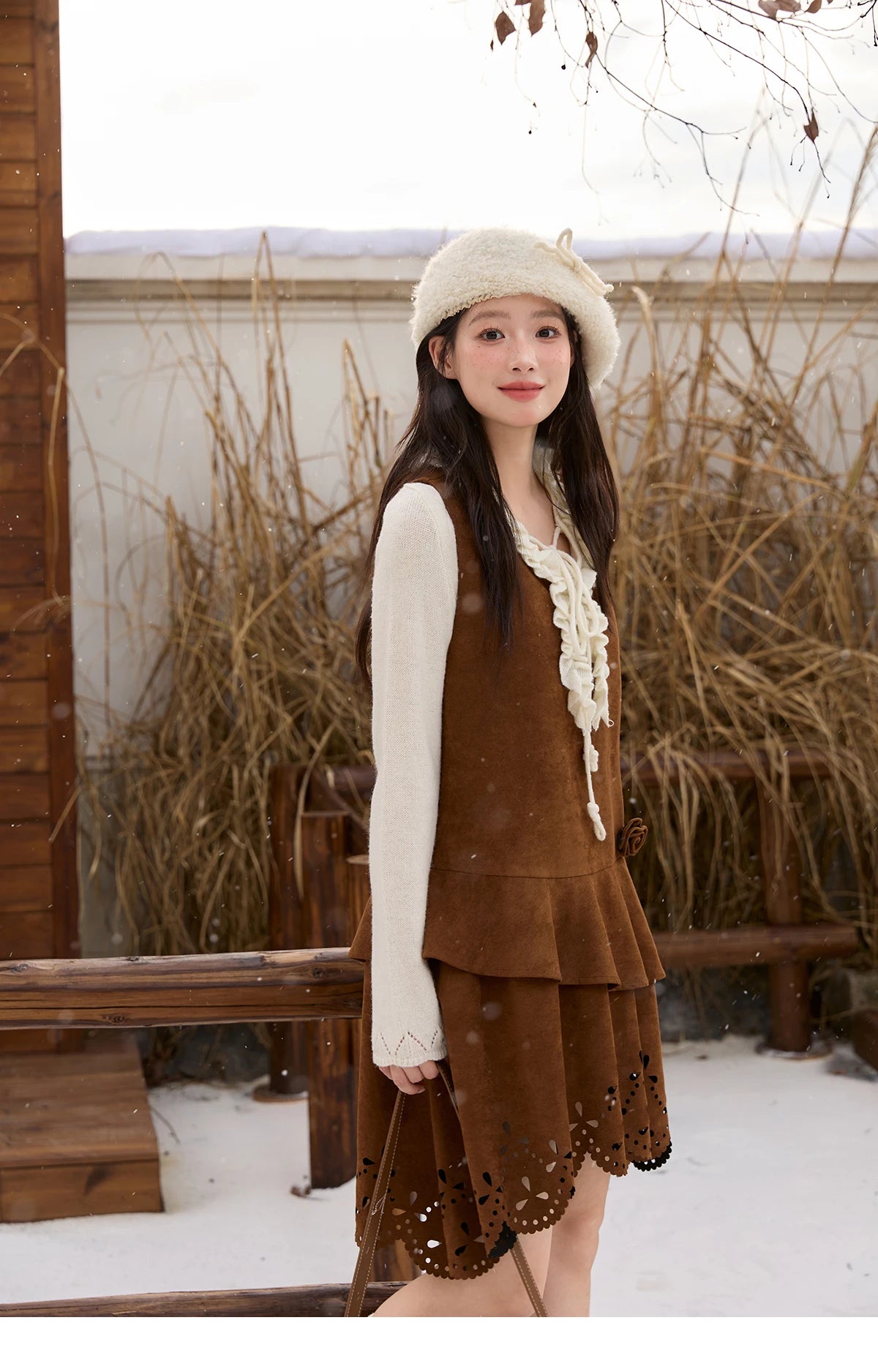 MISHOW Women's Elegant Brown Retro Suede Vest Dress 2025 Autumn Winter Hollow Out V-Neck Tank Dress Sleeveless Dress  MXE51L2524