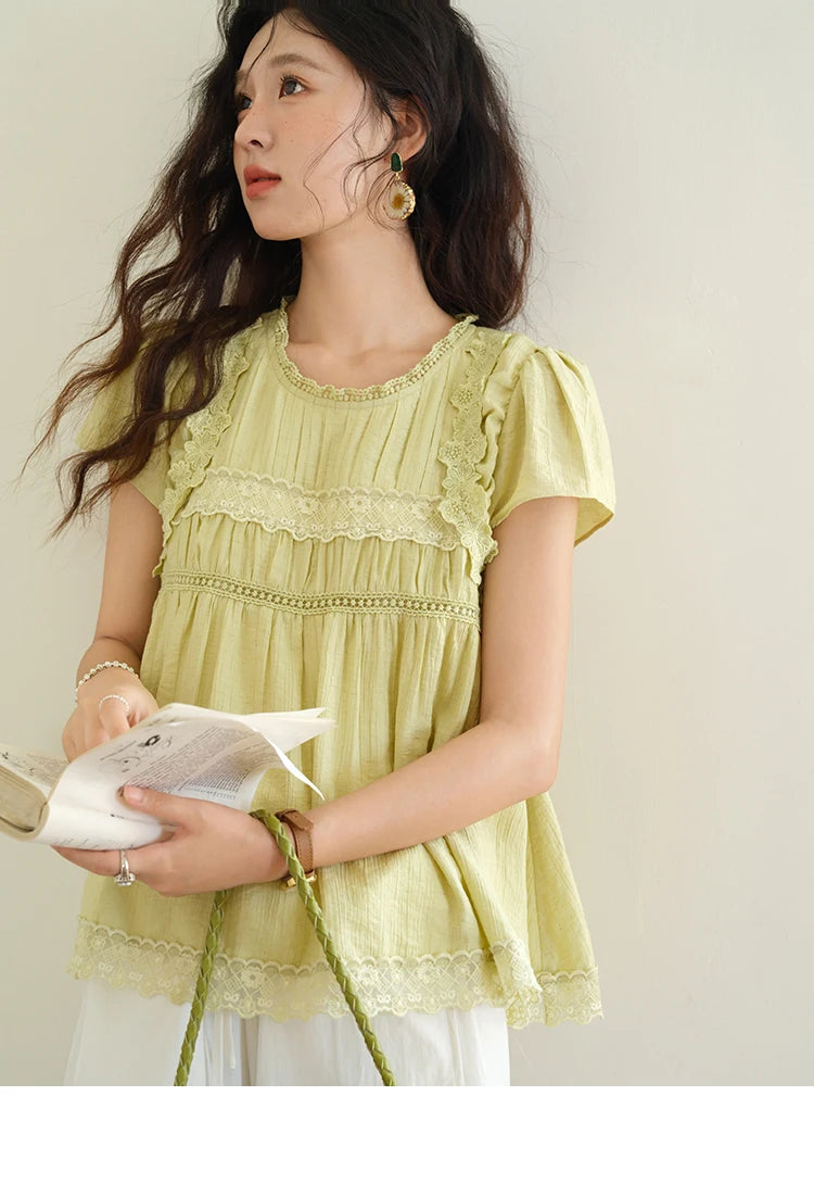 MISHOW Women's Fashion Round Neck Blouse 2025 Summer New Short Sleeve Mushroom Edge Lace Decoration Female Casual Top MXE39X1887