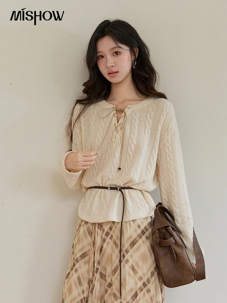 MISHOW Women's Beige Apricot Knitted Sweater 2026 Spring V-Neck Lace-Up Cable Knit Casual Loose Top Excluding Belt MXF108Z1029