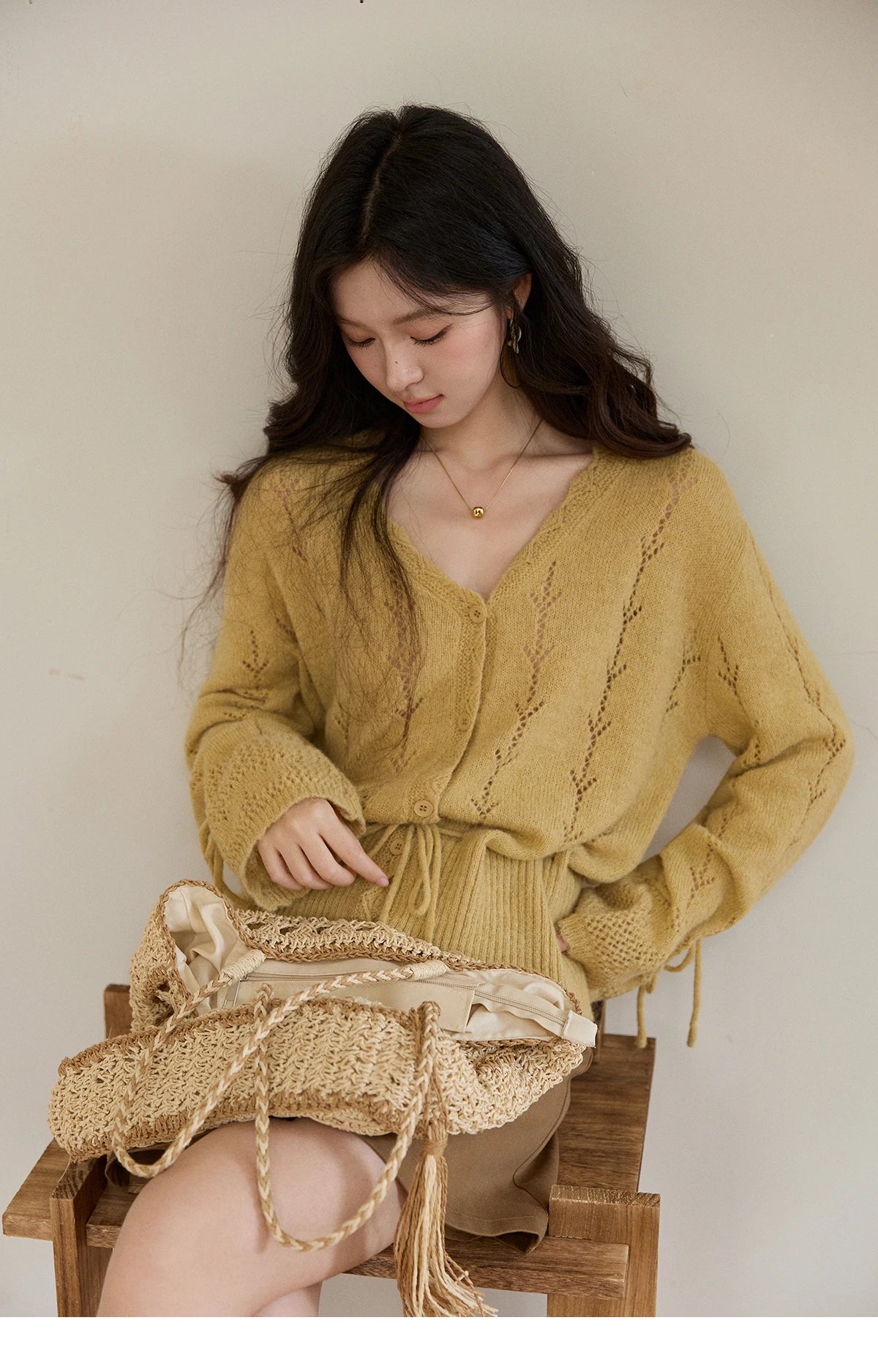 MISHOW Women's Yellow Knitted Cardigan 2026 Spring Hollow Out V-Neck Drawstring Waist Long Sleeve Casual Loose Tops MXF108Z1022