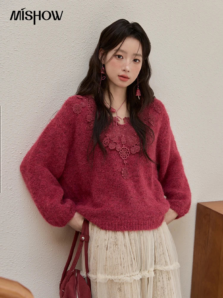 MISHOW Pink Lace Wool Sweater for Woman 2025 Winter Sweet Style V-neck  Pullover Casual Loose Lantern Sleeve Sweater MXE51Z2632