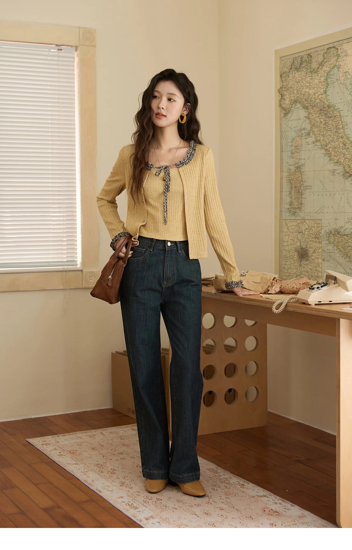 MISHOW Plaid Black Fungus Edge Tied Knitted Sweater for Women Autumn 2025 Pit Striped Knitted Fake Two-piece Top MXE44Z1361