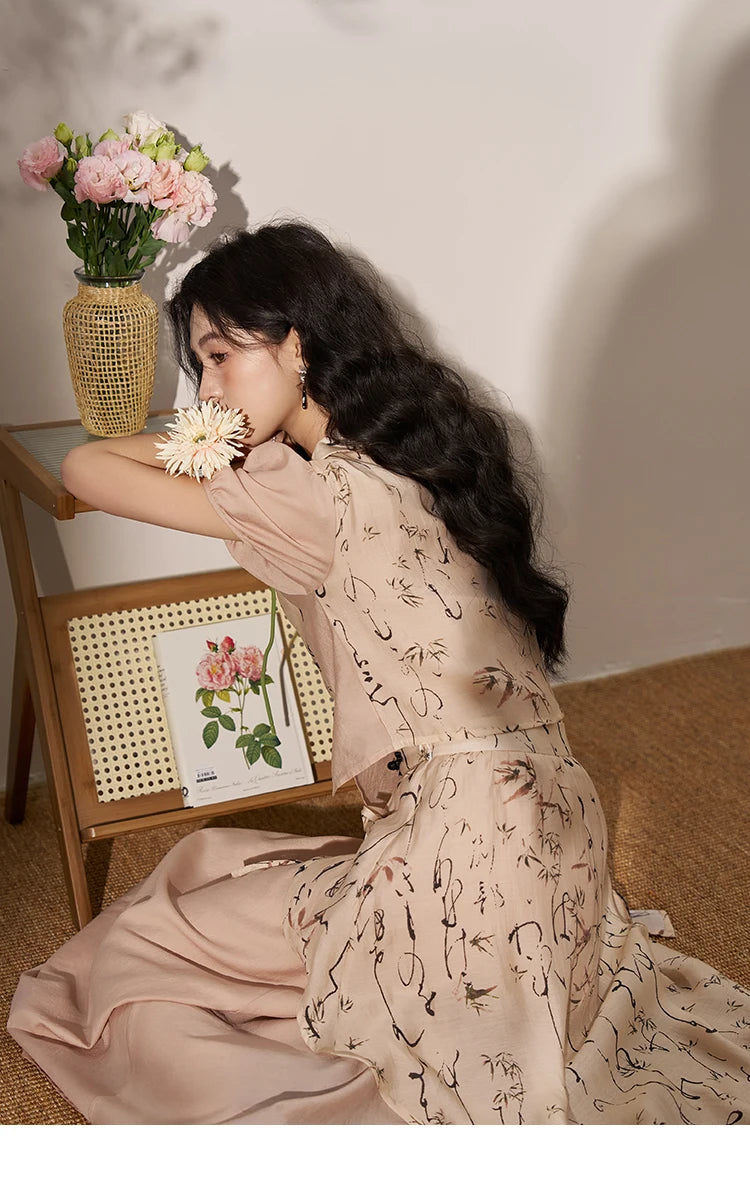 MISHOW Chinese Polo Neck Top Asymmetric Fork Skirt Separately Summer Floral Puff Sleeve Shirt High Waist A-line Skirt MXD22X1396