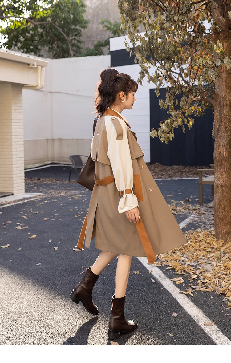 MISHOW Autumn Women's Khaki Trench Contrast Color Woman Clothes Spliced Turn-down Collar All-match Casual Jacket MXB31W0367