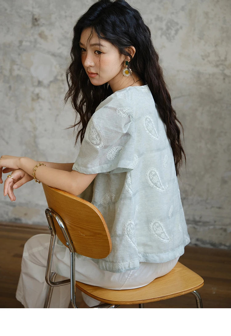 MISHOW O-Neck Blouse for Women 2025 Summer New Fashion Print Embroidery Puff Sleeve Loose Casual Top Ladies Clothing MXE34X1807