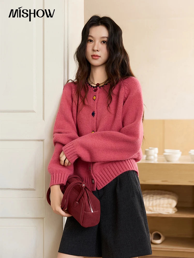 MISHOW Color Button Thickened Sweater for Women 2025 Winter Minimalist Loose Crew Neck Long Sleeves Cardigan Ladies MXE88Z2688