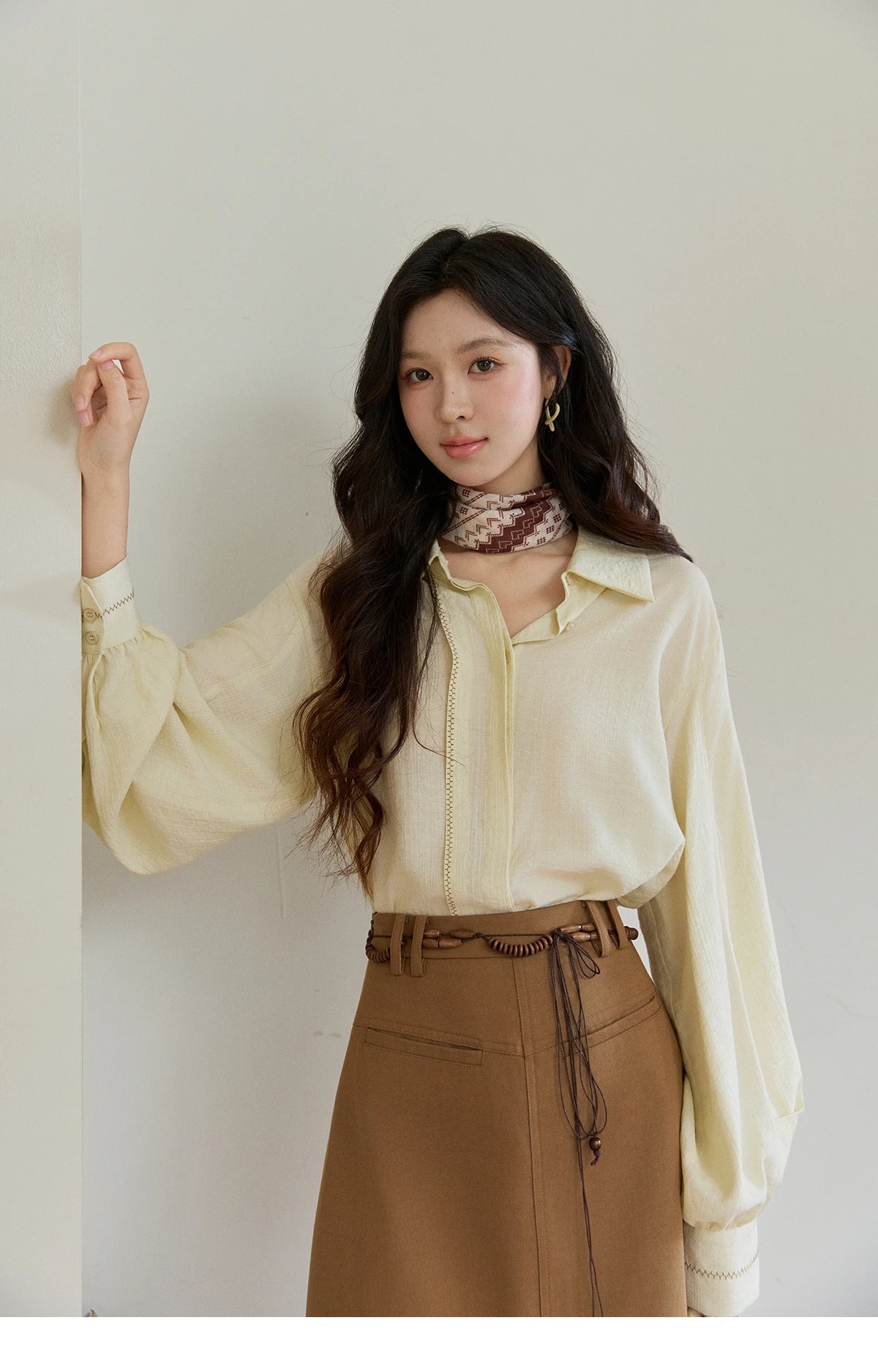 MISHOW Women's Lapel Lantern Sleeve Shirts 2026 Spring Lace Trim Casual Loose Breathable Solid Shirt Office Lady MXF13C2436